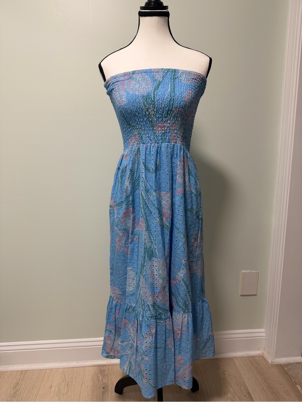 Light Blue Strapless Floral Smocked Midi Dress/skirt
